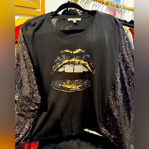 Lips Sequin Sleeves Upcycled Tshirt